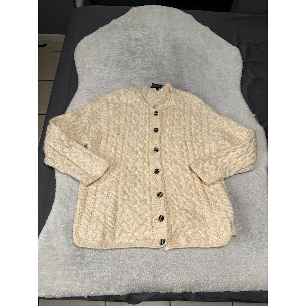 Carraig‎ Donn Cardigan Irish Sweater L Cable Knit Ireland Wool Chunky Fisherman